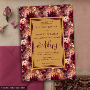 Convite de casamento Dourado Floral Elegante Luxur