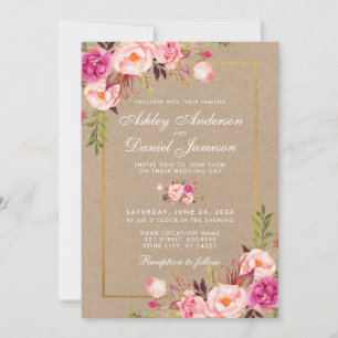 Convite de casamento Dourado Floral Rosa Kraft