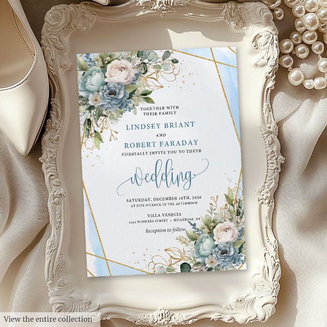 Convite de casamento Dourado Floral Russo Dusty Bl (Rustic Dusty Blue Sage Gold Floral Wedding Invite)