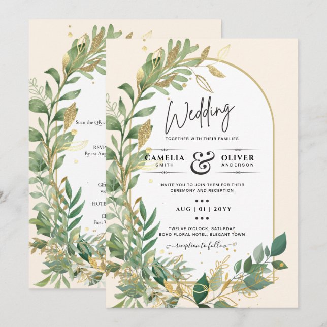 Convite de casamento Dourado Folha Botânica Modern (Frente/Verso)