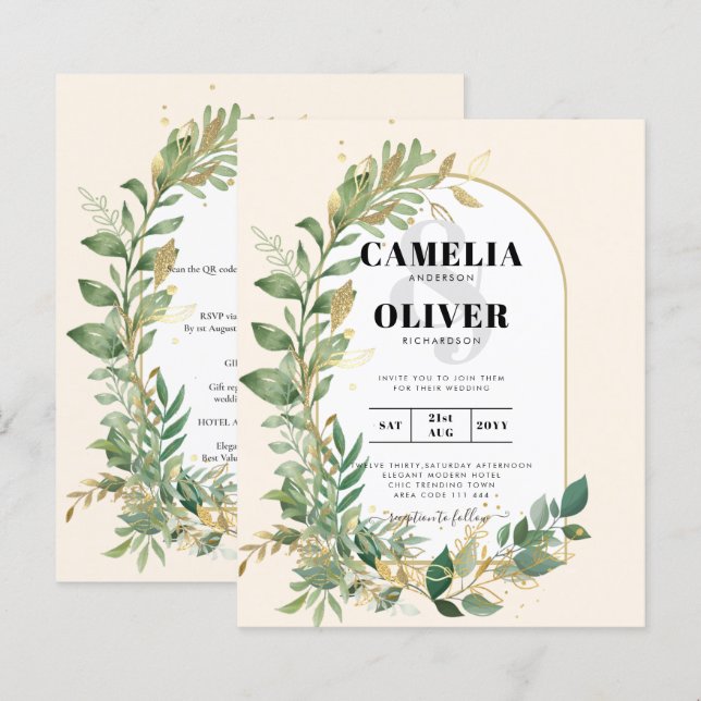 Convite de casamento Dourado Folha Botânica Modern (Frente/Verso)