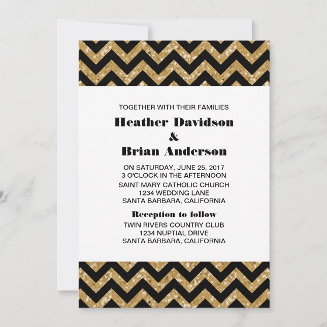 Convite de casamento Dourado Glitter Chevron (Frente)