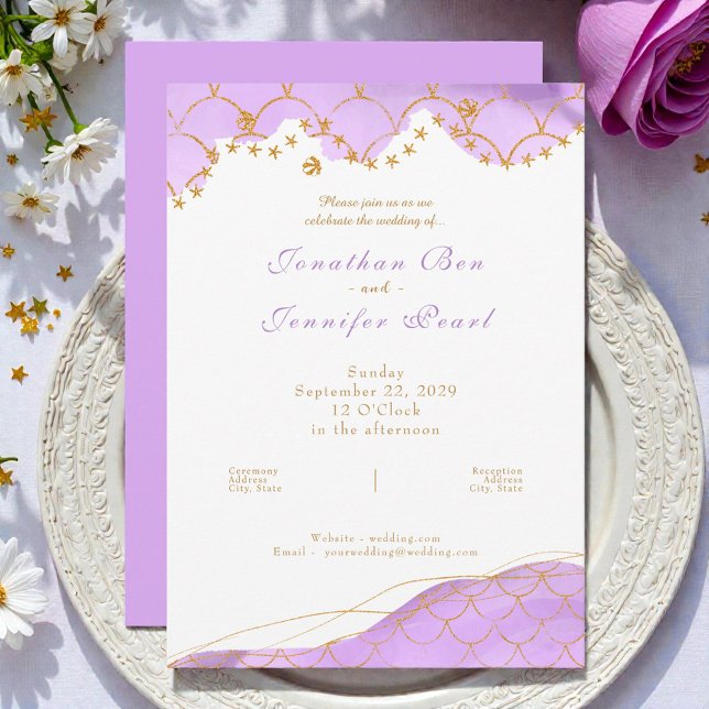 Convite de Casamento Dourado Lavanda Sereia (Criador carregado)