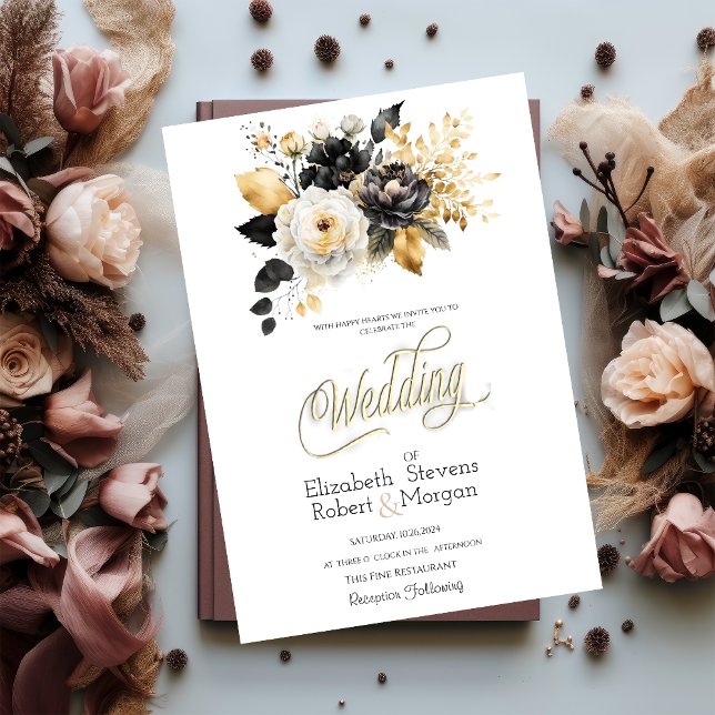 Convite de Casamento Dourado Preto Branco (Criador carregado)