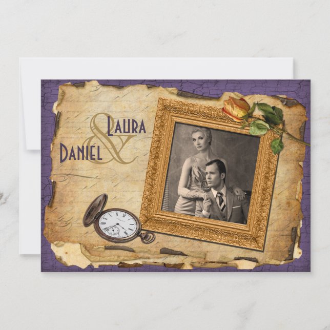 Convite de casamento Dourado roxo II da foto do (Frente)