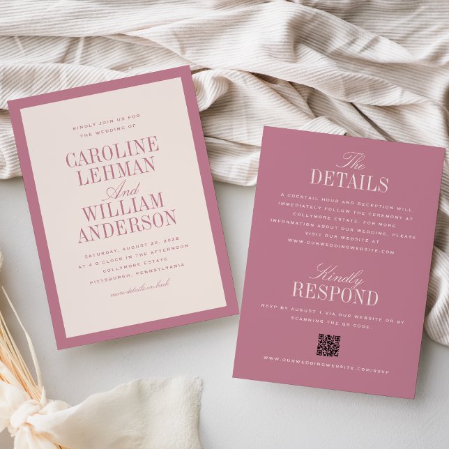 Convite de Casamento Duplo Clássico Rosa Elegante  (Criador carregado)