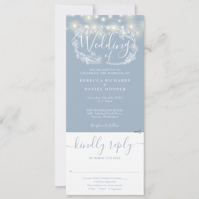 Convite de Casamento Dusty Blue com Luzes de Corda (Frente)