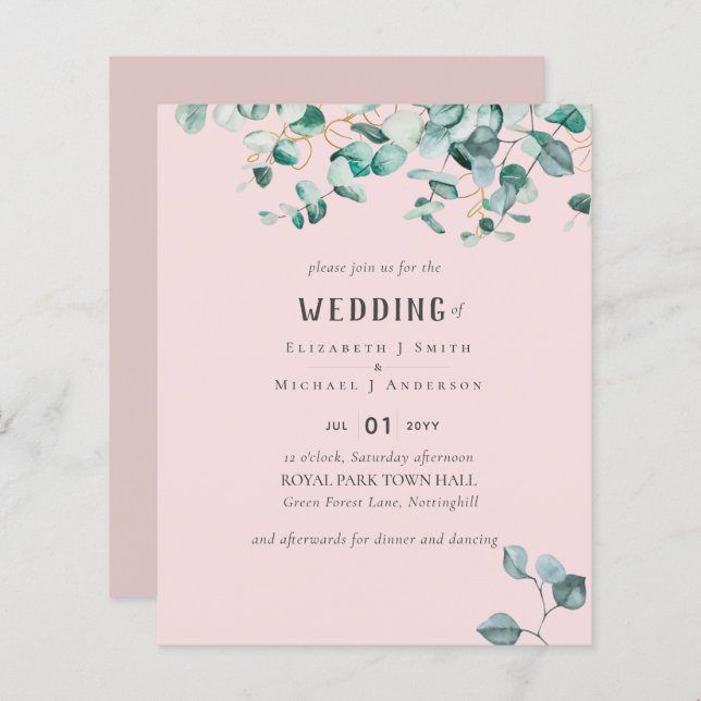 Convite de casamento Dusty Rosa Pink Eucalyptus BU (Frente/Verso)