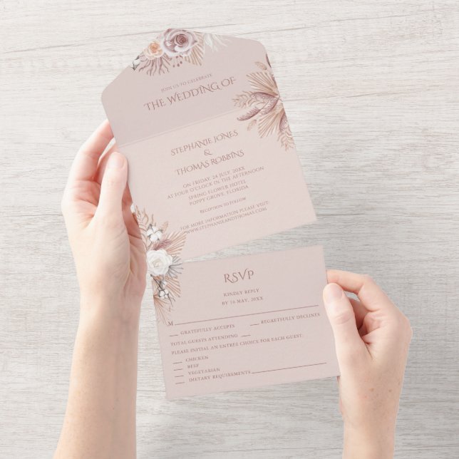Convite de Casamento Dusty Rose Pampas Grass All i (Aba destacável)