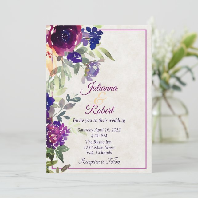 Convite de casamento econômico com flores rosa e r (Em pé/Frente)