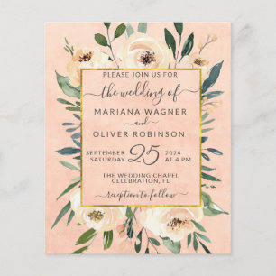 Convite de Casamento Econômico Floral Bege Dourado