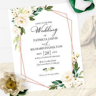 Convite de casamento econômico floral branco geomé