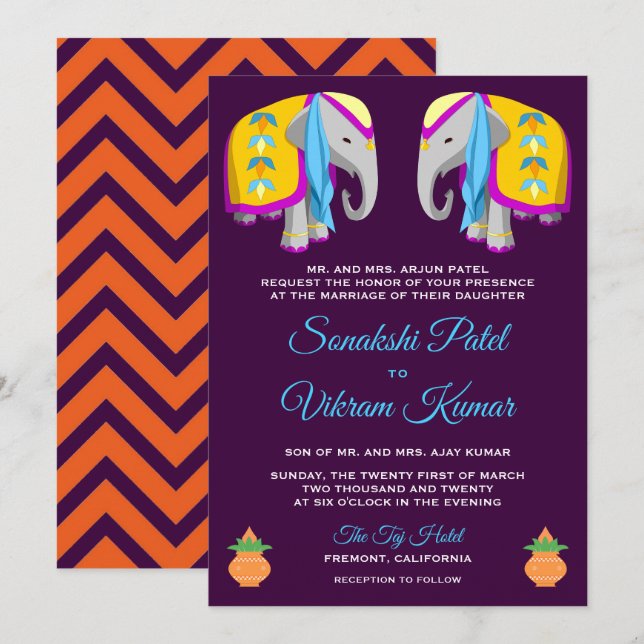 Convite de Casamento Elefante Arte Folclórica Étni (Frente/Verso)