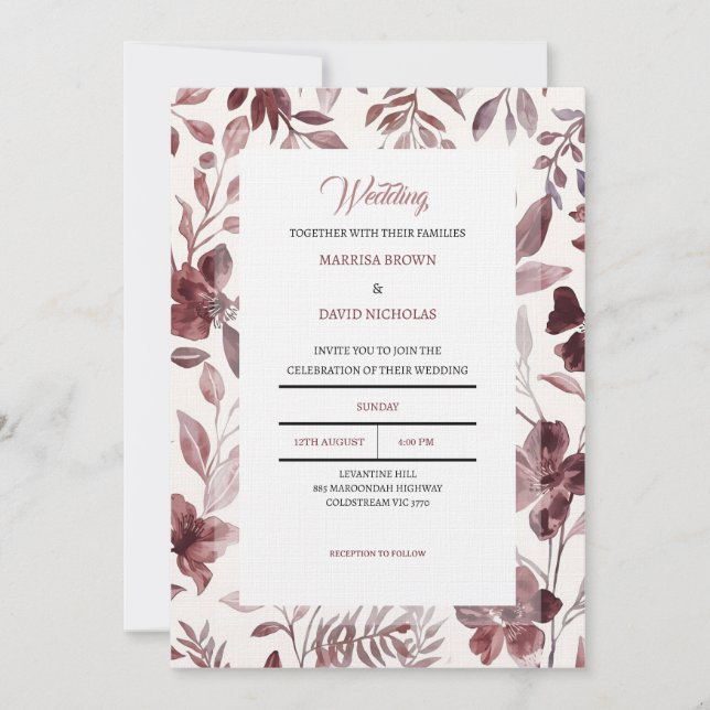 Convite de Casamento Elegância Botânica Borgonha (Frente)