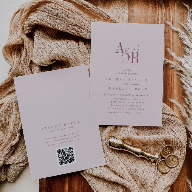 Convite de Casamento Elegante Andrea Burgundy e Ro (ANDREA Burgundy and Blush QR Code Elegant Wedding Invitation)
