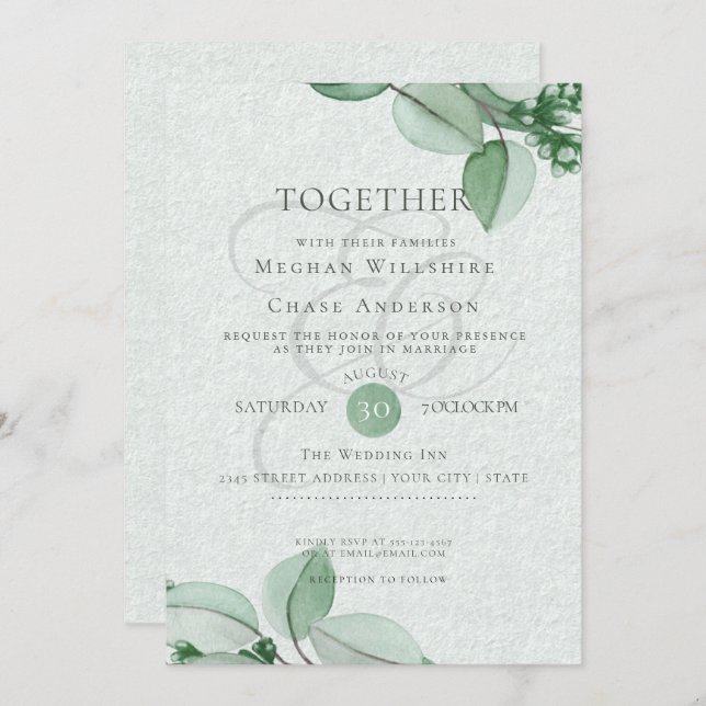 Convite De Casamento | Elegante Aquarela Eucalyptu (Frente/Verso)