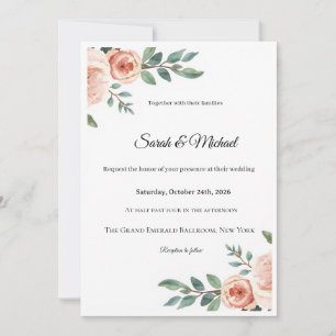 Convite de Casamento Elegante Aquarela Flores Rosa