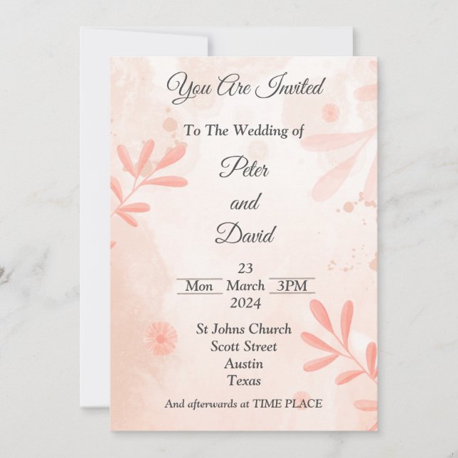 Convite de Casamento Elegante, aquarela rosa (Frente)