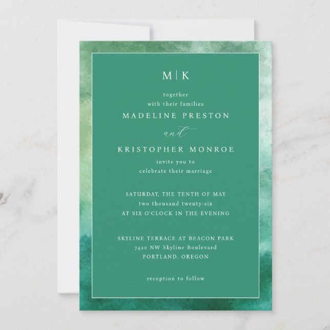 Convite de Casamento Elegante Aquarela Verde (Frente)