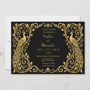 Convite de Casamento Elegante Art Déco Pavão Doura