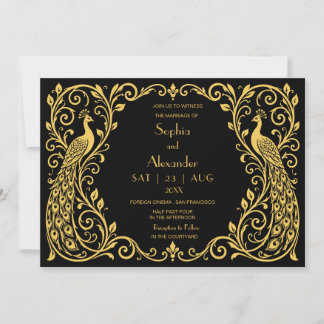 Convite de Casamento Elegante Art Déco Pavão Doura