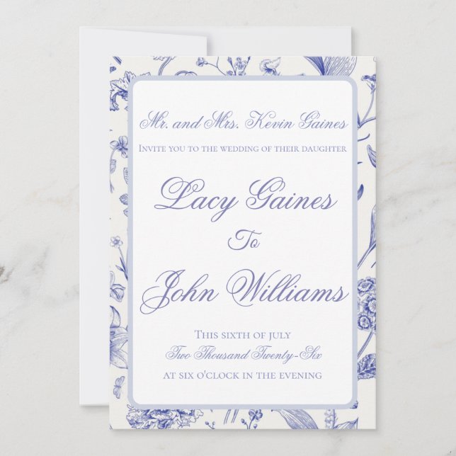 Convite de Casamento Elegante Azul em Estilo Chino (Frente)