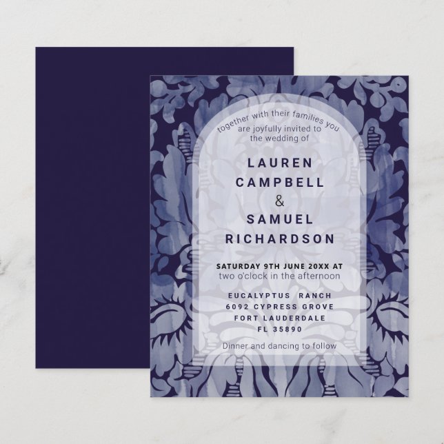 Convite de Casamento Elegante Azul Marinho com Dam (Frente/Verso)