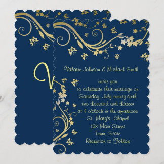Convite de Casamento Elegante, Azul Marinho, Folha