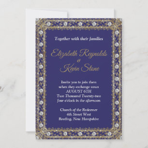 Convite de casamento elegante azul real e dourado