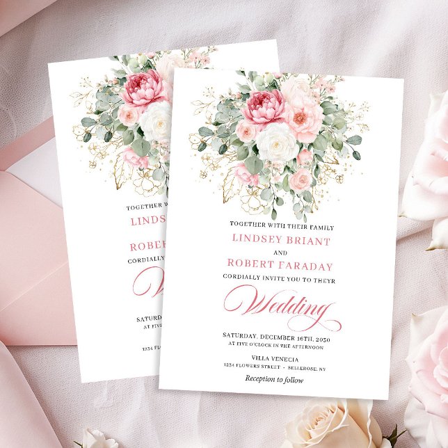 Convite de Casamento Elegante Blush Peony Botânico (Elegant Blush Peony Botanical Gold Wedding Invite)