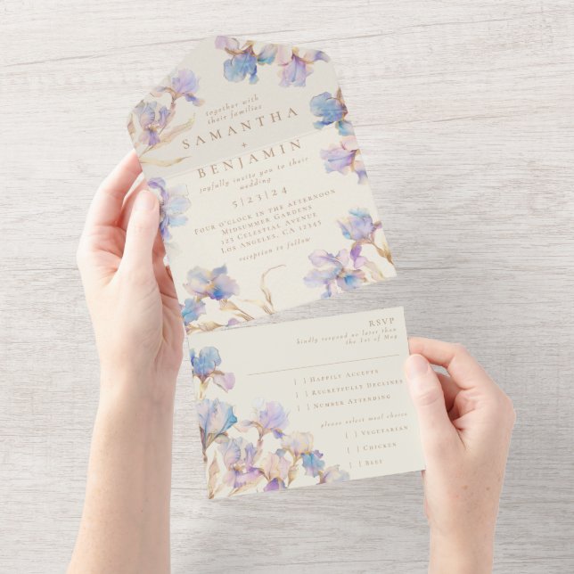 Convite de Casamento Elegante Boho Iris Tudo em Um (Tearaway)