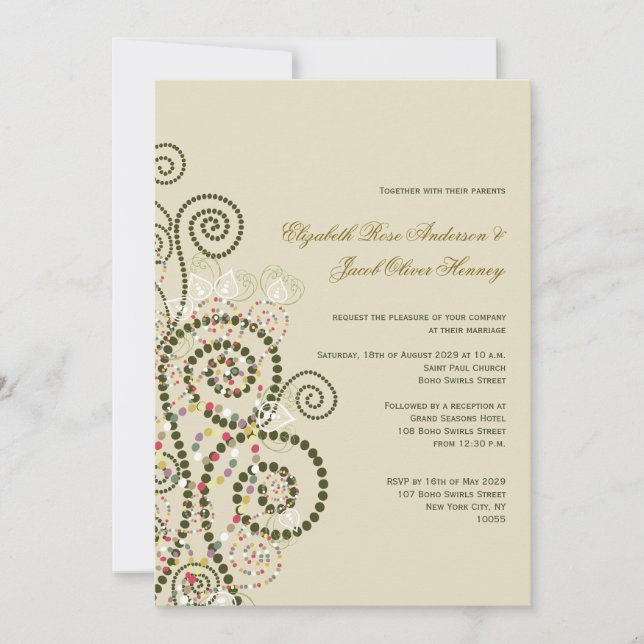 Convite de Casamento Elegante Boho Verde com Espir (Frente)