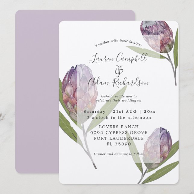 Convite de Casamento Elegante Botânico Protea Roxo (Frente/Verso)