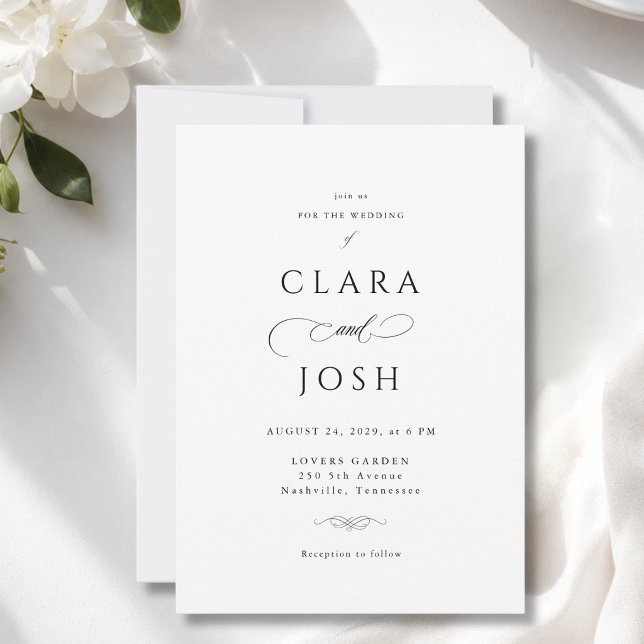 Convite de Casamento Elegante Branco e Preto com L (Elegant White Black Script Wedding Invitation)