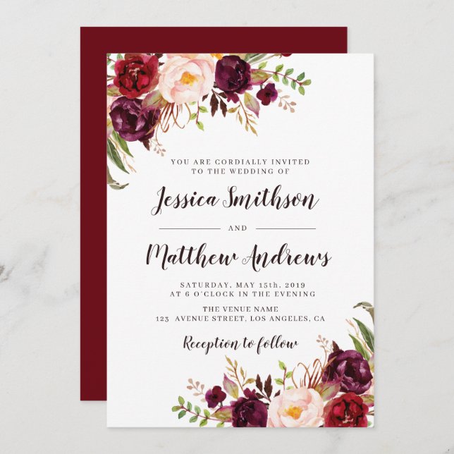 Convite de casamento Elegante burgundy (Frente/Verso)