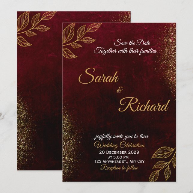 Convite de Casamento Elegante Burgundy Dourado (Frente/Verso)