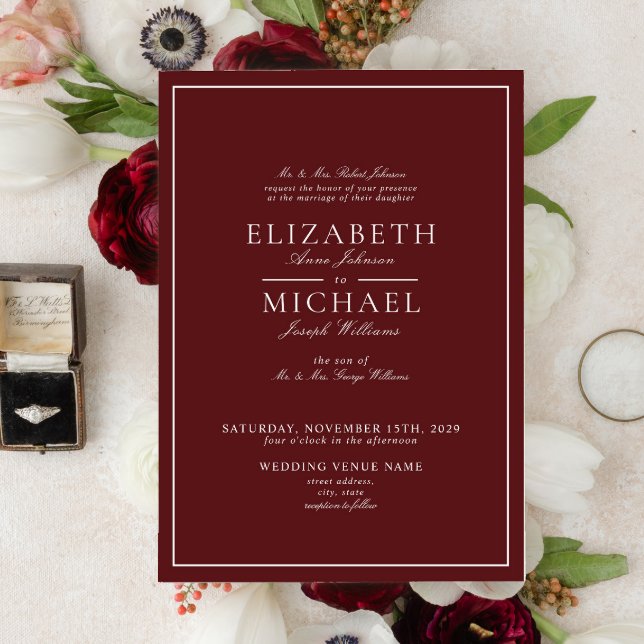 Convite de Casamento Elegante Burgundy Escrito Clá (Criador carregado)