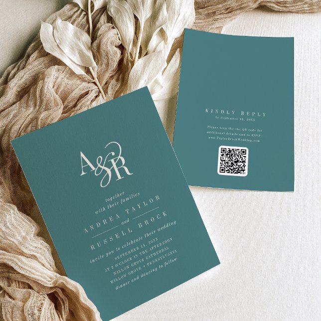 Convite de Casamento Elegante Clássico Andrea em T (ANDREA Dark Teal QR Code Classic Elegant Wedding Invitation)