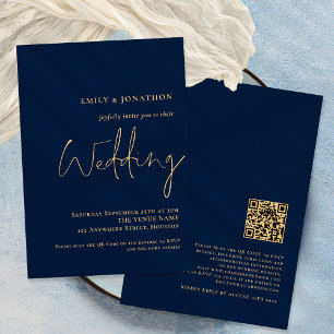 Convite de Casamento Elegante Código QR Azul Marin