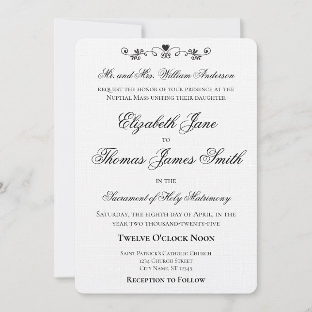 Convite de Casamento Elegante com Acento de Coraçã (Frente)