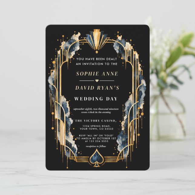 Convite de casamento elegante com código QR dourad (Em pé/Frente)