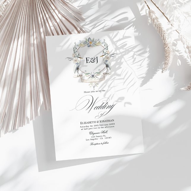 Convite de Casamento Elegante com Crista de Garça  (Herons Monogram Crest Elegant Lake Wedding Invitation)