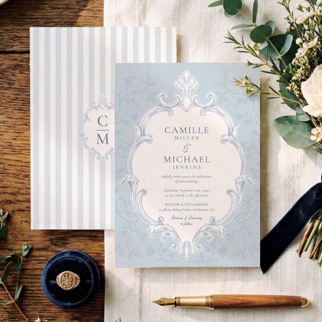 Convite de Casamento Elegante com Crista e Faixa A (Elegant Crest Toile Wedding Invitation)