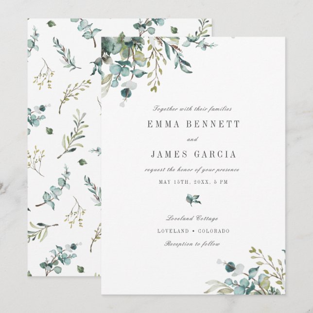 Convite de Casamento Elegante com Eucalipto em Aqu (Frente/Verso)