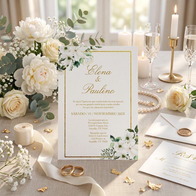 Convite de casamento elegante com flor branca em e (Criador carregado)