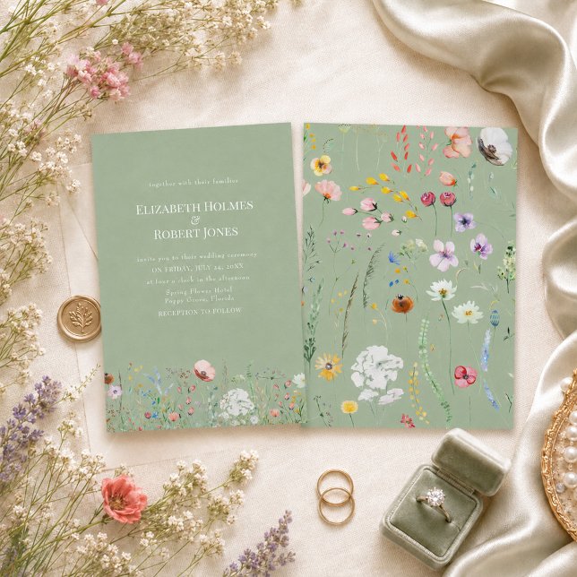 Convite de Casamento Elegante com Flor Silvestre e (Elegant Sage Green Wildflower Wedding Invitation)