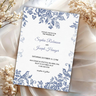 Convite de casamento elegante com floral azul 