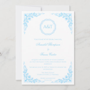 Convite de Casamento Elegante com Floral Azul Mono