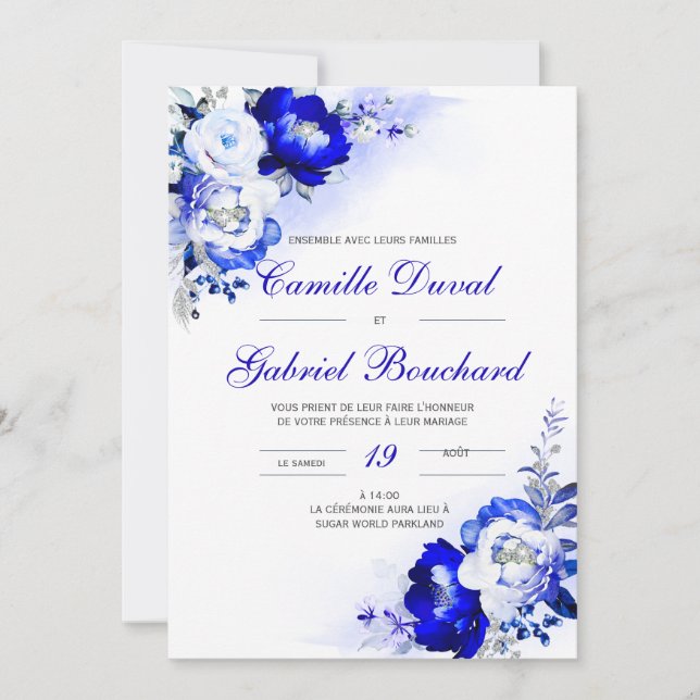 Convite De casamento elegante com flores azuis (Frente)