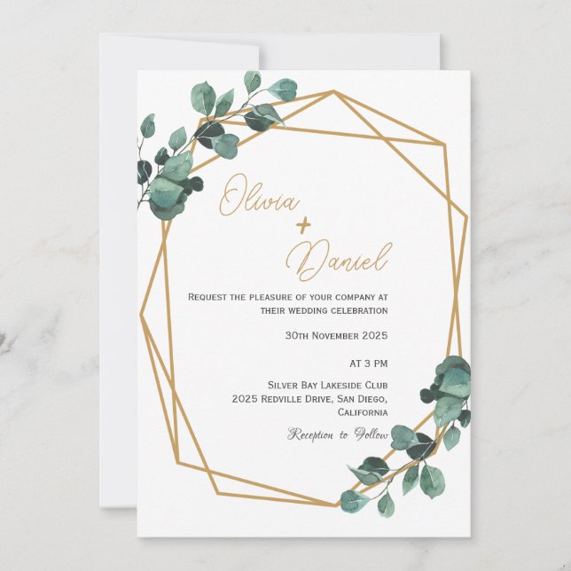 Convite de Casamento Elegante com Folhagem e Moldu (Frente)
